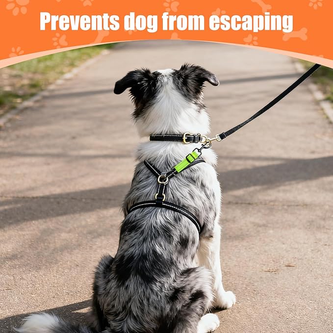 Dog Collar Safety Clip, Reflective Double-Ended Backup Connector for Harness to Collar, Adjustable Safety Clip for Prong, Pinch Collars, Prevents Escapes & Accidental Disconnection