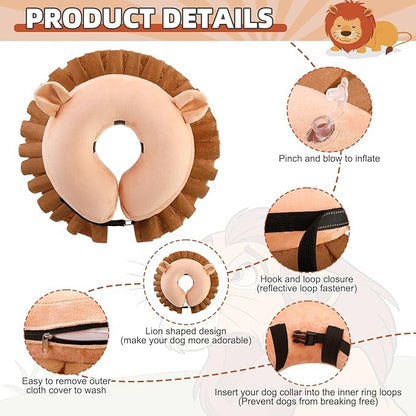 KOOLTAIL Inflatable Dog Cone Collar, Soft Donut E Collar for Dogs After Surgery to Stop Licking Enhanced Alternative, Blow Up Pet Neck Pillow Recovery Adjustable Cone for Dog Cat, Lion L