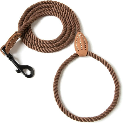 Mile High Life Dog Leash, Braided Cotton Rope Leashes with Leather Tip - Heavy Duty Metal Clasp, 4FT, 1/3" Thick - Wedding, Walking Leash for Small Medium Puppy(Dark Brown)