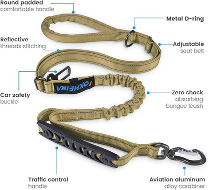 IOKHEIRA Multifunctional Dog Leash - 4-6 FT Strong Bungee, Car Seatbelt Compatible, Army Green