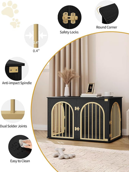 Hzuaneri 39.4" Wooden Dog Crate Furniture, Indoor Dog Kennel Dogs Cage for Small/Medium/Large Dogs, Heavy Duty Dog Crates Decorative Pet House End Side Table TV Stand, Black Gold DFC84104A