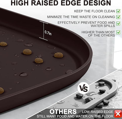 SMILOOL Small Silicone Pet Food Mat with Raised Edge for Food and Water Bowl, Square Dog Feeding Mats, Cat Food Trays for Floor Waterproof, Rubber Tray for Dogs and Cats, 12 x 12 x 0.7 Dark Brown