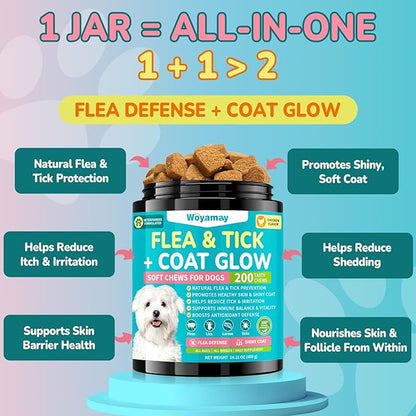 Woyamay Flea + Coat Glow Soft Chews, Natural Flea and Tick Prevention for Dogs, Dog Flea and Tick Treatment Chewable, Reduces Itch & Shedding with Fish Oil & Neem, Chicken Flavor