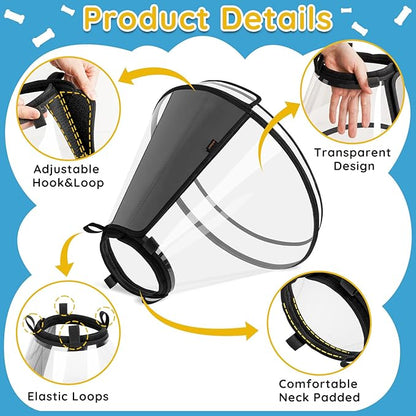 Dog Cone Collar After Surgery, Extended Dog Recovery Cone to Stop Licking Wounds, Transparent Soft Elizabethan Collar for Large Medium Small Dogs, Adjustable Pet Cone with Elastic Neck Loops