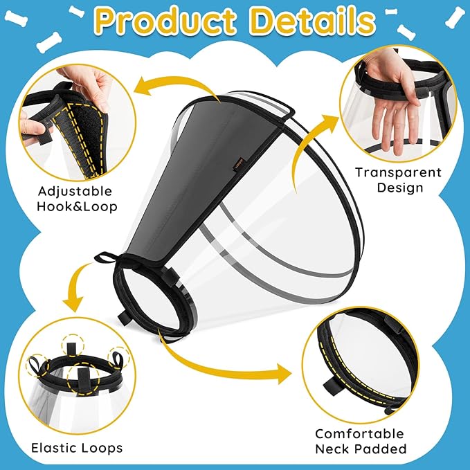 Dog Cone Collar After Surgery, Extended Dog Recovery Cone to Stop Licking Wounds, Transparent Soft Elizabethan Collar for Large Medium Small Dogs, Adjustable Pet Cone with Elastic Neck Loops