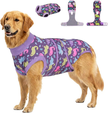 PetWarm Post Surgery Dog Onesie Male, Dog Coat's Inner Clothes, Substitute E-Collar and Cone, Pet Surgery Recovery Suit, Anti-Licking Dog Surgery Recovery Suit Soft, Dinosaur Pattern, Purple, 2XL