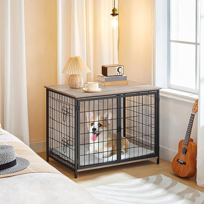MAHANCRIS Dog Crate Furniture with Cushion, Wooden Dog Kennel with Double Doors, Heavy Duty Dog Cage for Small/Medium/Large Dogs, Indoor Dog House End Table, 31.5" L, Greige DCHG0701