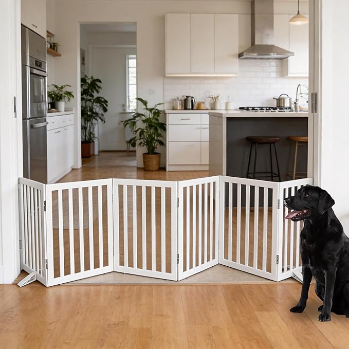 ZJSF Freestanding Indoor Dog Gate for House Foldable Wood White Puppy Gate for Doorways Pet Gate for Stairs Extra Wide Pet Fence 24" Height 6 Panels
