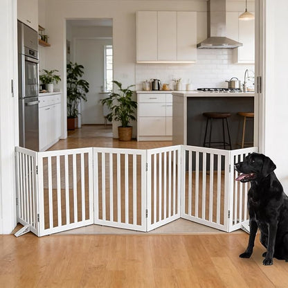 ZJSF Freestanding Indoor Dog Gate for House Foldable Wood White Puppy Gate for Doorways Pet Gate for Stairs Extra Wide Pet Fence 24" Height 6 Panels