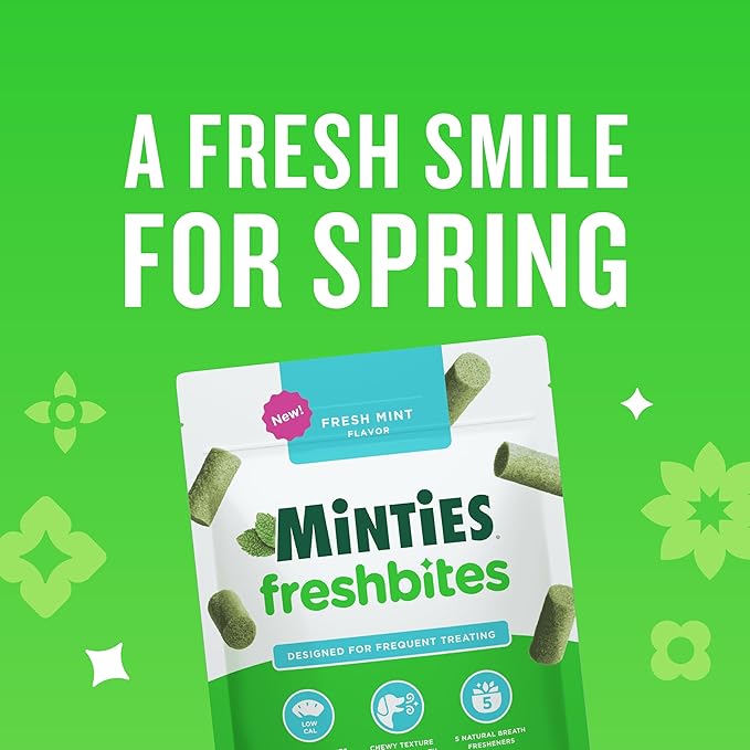 Minties FreshBites Soft and Chewy Dental Treats, Low Calorie Natural Mint Flavored Dental Chews for Dogs, 100 Count, Dog Chews Clean Teeth, Fight Bad Breath, Removes Plaque and Tartar