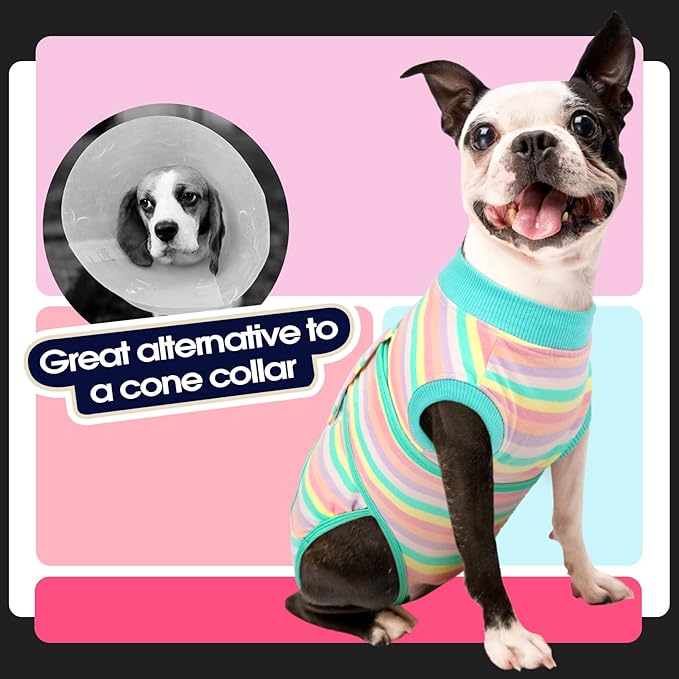 FUAMEY Recovery Suit for Dogs After Surgery,Soft Breathable Dog Bodysuit E-Collar & Cone Alternative Surgical Suit,Male Female Dog Neuter Spay Suits Anti Licking Wounds Onesie Mint Green Stripes L