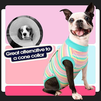 FUAMEY Recovery Suit for Dogs After Surgery,Soft Breathable Dog Bodysuit E-Collar & Cone Alternative Surgical Suit,Male Female Dog Neuter Spay Suits Anti Licking Wounds Onesie Mint Green Stripes L