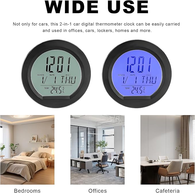 Car Digital Thermometer Clock, Battery Powered Mini Dashboard Clock with Date & 12/24 Hour Format Time, Adhesive LCD Display Watch with Backlight for Vehicle Office Home