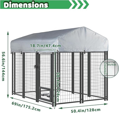 LEMBERI 6x4x4 Outside Dog Kennel with Roof for Large Dogs,Heavy Duty Welded Wire Steel Dog Playpen Fence with Secure Lock, Pet Pen with UV-Resistant Waterproof Cover (69.1''L x 50.4''W x 56.6'H)