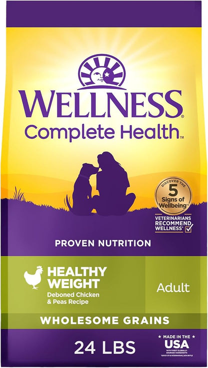 Wellness Complete Health Healthy Weight Adult Dry Dog Food, Wholesome Grain Kibble, Chicken and Peas Recipe, 24 lb Bag