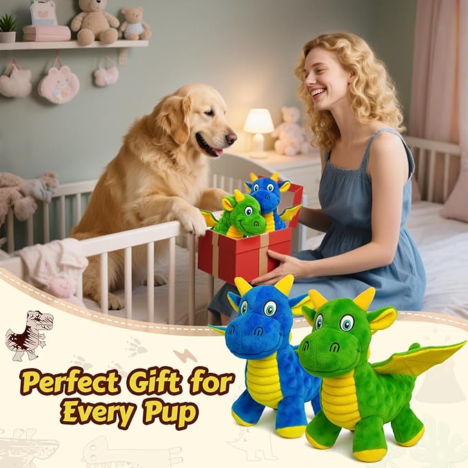Squeaky Dog Toys - 2 Pack Soft Plush Dragon Dog Toy with 5 Squeakers & Crinkle Paper, Dog Toys for Small, Medium and Large Dogs (Green & Blue,10")
