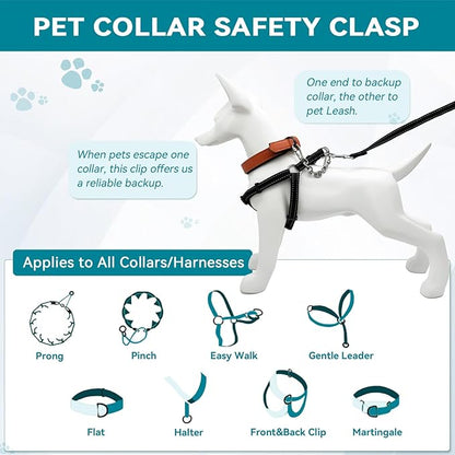 Dog Collar Safety Clip, Chew Proof Prong Collar Double Ended Backup Clasp Stainless Steel, Heavy Duty Dog Chain Leash Connector for Harness, Pinch, Gentle Lead with Carabiner, 8in