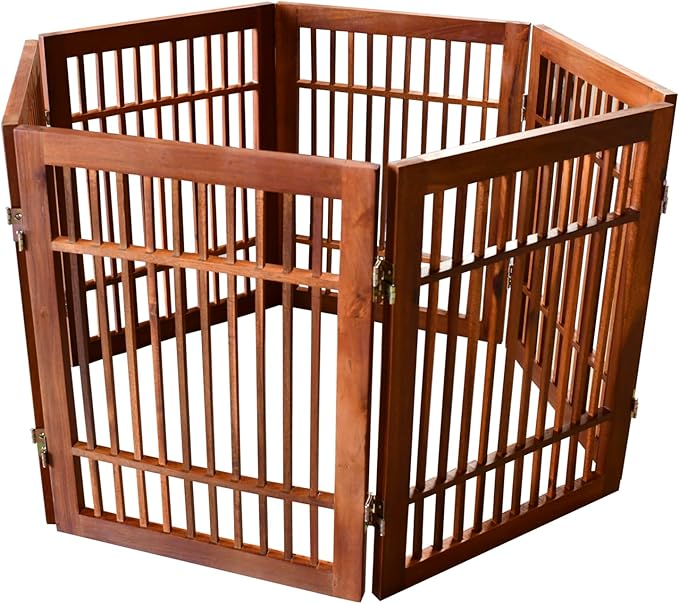 Urnporium Freestanding Wooden Dog Gate Foldable Indoor Pet Gate No Drill Expandable Barrier for Doorways Stairs Hallways Portable Wood Fence for Small Dogs & Puppies (Brown Pet Gate, 6 Panel 24" Tall)