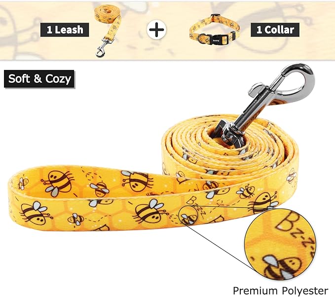 Ihoming Dog Collar and Leash Set for Daily Outdoor Walking Running Training, Bee Design for Medium Boys Girls Dogs Cats Pets, M-Up to 45LBS