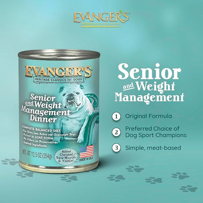 Evanger's Heritage Classics Senior & Weight Management Dog Food – 12 Count, 12.5 oz Each – Balanced Meat-Based Formula for Older, Overweight & Less Active Dogs – Grain & Gluten Free