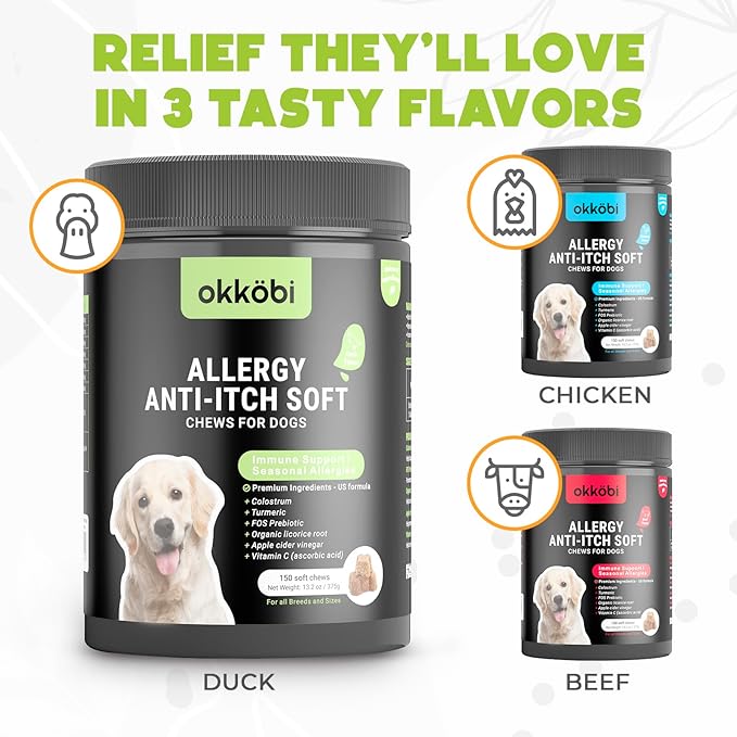 Dog Allergy Chews - 150 Pcs - Allergy Relief for Dogs - Supplements for Itchy Skin & Paw Licking - US Formula with Probiotics, Natural Ingredients & Vitamins - Duck Flavor