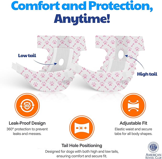 American Kennel Club Female Dog Wrap, Disposable Diapers with Wetness Indicator (L – High Tail (18–27 in), 50, Count)