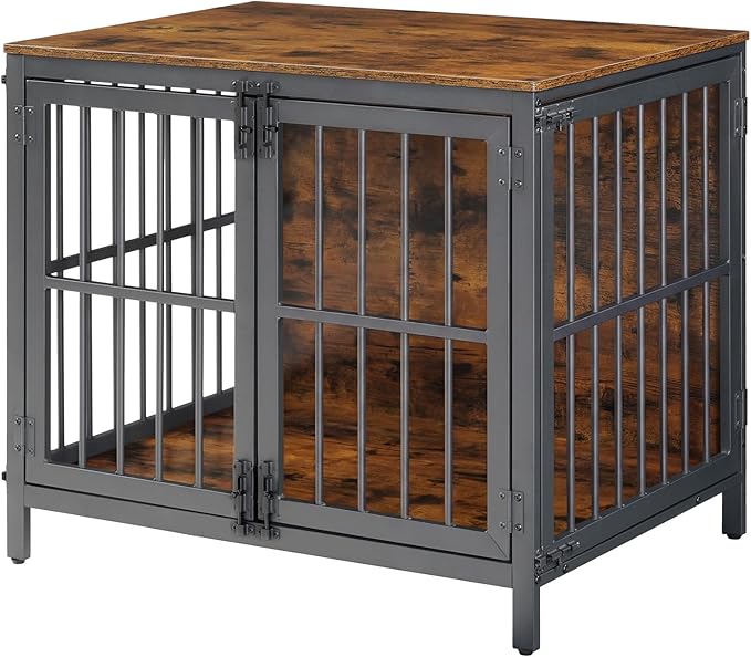 HOOBRO Heavy Duty Dog Crate Furniture, 31.5" Wooden Indoor Kennel with 3 Doors, Chew Resistant Metal Cage for Small and Medium Breeds, Dog Crate Side Table, Black and Rustic Brown BF81GW03