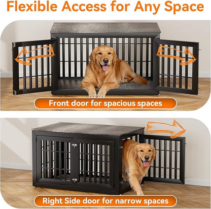 Snuowu 48" Heavy Duty Dog Crate Furniture for Small,Medium and Large Dogs,Rustic Wooden Dog Cage Kennel Indoor Furniture with Waterproof Top,Decorative Pet House Side End Table (Black & Grey)
