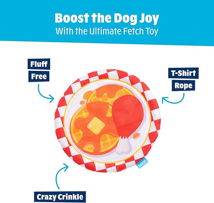 Barkbox Chicky and Woofles to Go Flying Disc Dog Toy | Fluff-Free Crinkle Disc with T-Shirt Rope Edge | Durable Fetch & Tug Toy for Dogs & Puppies