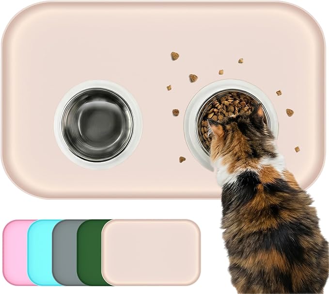 BLESWIN Waterproof Silicone Pet Feeding Mat with Raised Edge,Non-Skid Spill Proof Dog Bowl Mats, Easy Clean Cat Bowls Placemat for Cats and Dogs