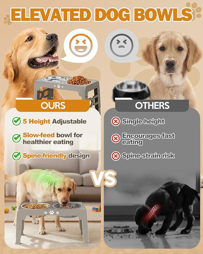 Jovrun Elevated Dog Bowls for Medium Size Dogs with Mat, Non-Slip Dog Feeder with 1*Stainless Steel Dishes & 1*Slow Feeder Bowl, 5 Heights Adjustable Raised Bowls for 3.15″-8.66″-9.84″-11.02″-12.2″