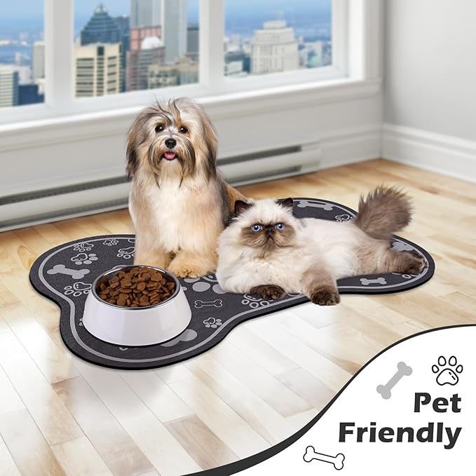 Dog Cat Food Mat,Rapid Absorbent Pet Feeding Mat, Bone Shaped Dog Placemat Water Bowl Mat with Rubber Backing,No Stains Dog Cat Food Mats Indoor, Pet Accessories Supplies 23"x36" Dark Grey