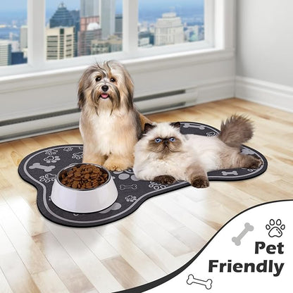 Dog Cat Food Mat,Rapid Absorbent Pet Feeding Mat, Bone Shaped Dog Placemat Water Bowl Mat with Rubber Backing,No Stains Dog Cat Food Mats Indoor, Pet Accessories Supplies 23"x36" Dark Grey