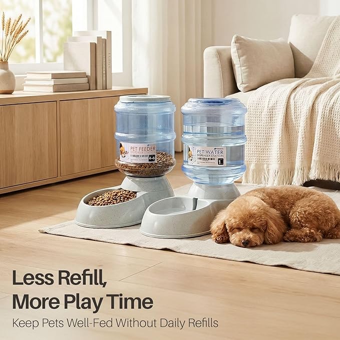 Flexzion Automatic Pet Feeder & Waterer Set of 2 Pack, Self Feeding Replenish Dog Cat Bowls, Gravity Food & Water Storage Container Fountain Jug Pet Supplies Plastic Skid Proof Rubber Feet (1 Gallon)