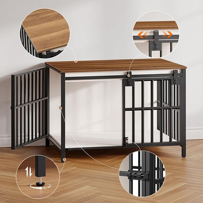 HOOBRO Dog Crate Furniture with Sliding Barn Door, Dog Kennel Indoor for Medium/Large Dogs, Heavy Duty Dog Cage with 2 Doors, End Table for Living Room, Bedroom, Rustic Brown and Black BWH163GW03