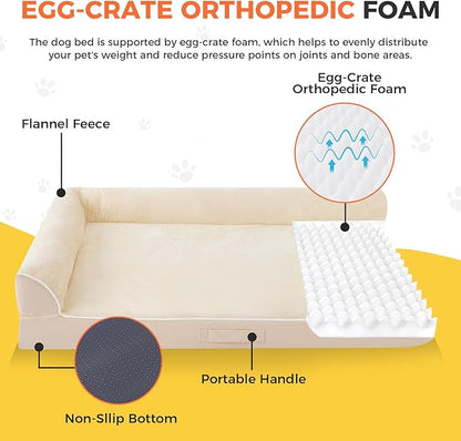 Dog Bed Large Sized Dogs, XL Orthopedic Dog Bed for Large Dogs, Waterproof Pet Bed with Washable Removable Cover, L-Shaped Pet Couch with Portable Handle 42"x30"x7.5", Beige