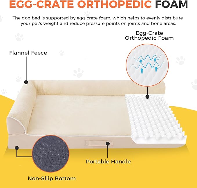 Dog Bed Large Sized Dogs, Orthopedic Dog Bed for Large Dogs, Waterproof Pet Bed with Washable Removable Cover, L-Shaped Pet Couch with Portable Handle 36"x27"x6.5", Beige