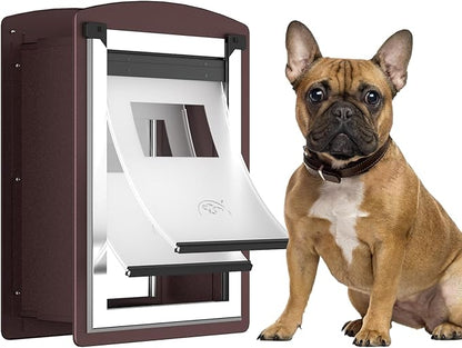 Dog Door for Wall, Dog Door with Double Magnetic Flaps, Double Lock Panels, Steel Frame and Telescoping Tunnel, Doggie Door for Interior and Exterior Wall, Medium, Coffee Color