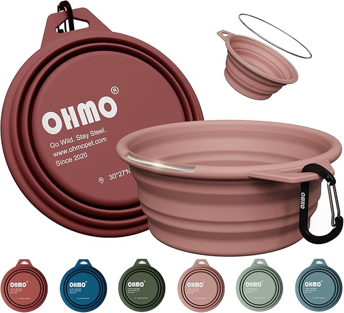 OHMO Collapsible Dog Water Bowls w/Built-in Stainless Steel Ring – 2pcs Large 27oz/800ml Portable Silicone Pet Feeding Bowl for Hiking, Camping, Travel