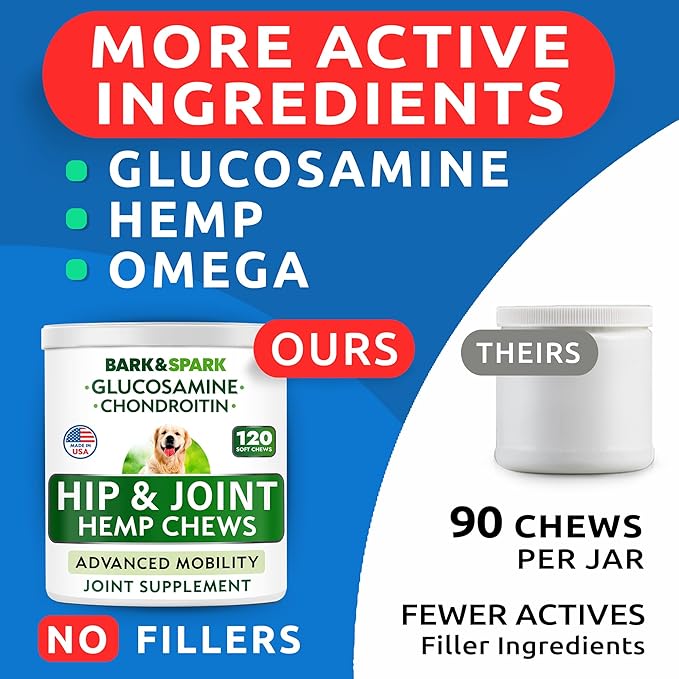 Hip&Joint Hemp Chews for Dogs - Max Strength Glucosamine Chondroitin for Dogs - Dog Joint Pain Relief Treats - Mobility & Flexibility Support - Advanced Joint Care - MSM - Made in USA (120Ct)