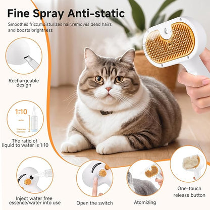 Pet Steam Brush for Dog & Cat – 3-in-1 Spray Hair Removal Comb – Steam for Shedding & Grooming – Water Brush for Long & Short Haired Pets – Spritz Defur Comb – Includes Waterless Shampoo and Eye Wipes