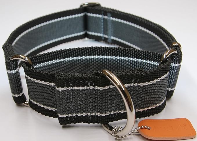 Martingale Collar 1.5 Inch Wide 1600D Extra Strong Anti Escape Nylon Dog Collar, No Pull Heavy Duty Pet Collars with 3-Color Stripe for Medium to Large Dogs (L, Gray Blue & Black)