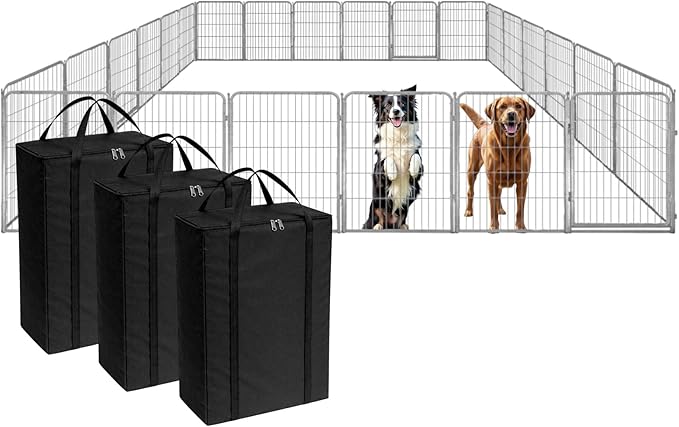 Dog Playpen w/Carrying Case for Indoor or Outdoor Use – 40 Inch, 24 Grey Panels - Portable Metal Exercise Pen for Medium & Large Dogs - Pet Fence Kennel Crate for House, RV, or Travel