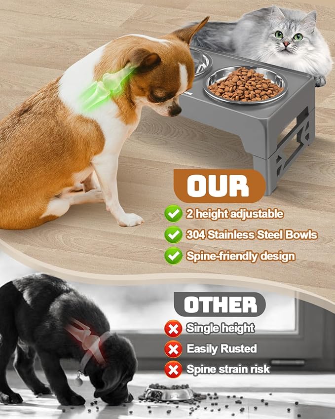 Jovrun Elevated Dog Bowls for Small Dogs and Cats, Non-Slip Cat Bowls with 2 Thick 5.5" Stainless Steel Dishes, Dog Feeder 2 Heights Adjustable to 2.6"-5.3"