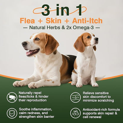 Dog Flea and Tick Prevention Allergy Chews - Omega 3 Skin and Coat Supplement,Immune Support,Natural Yeast,Itching & Licking Relief Treatment Chewable,Bites,Chews for Dogs Itching-200 Count