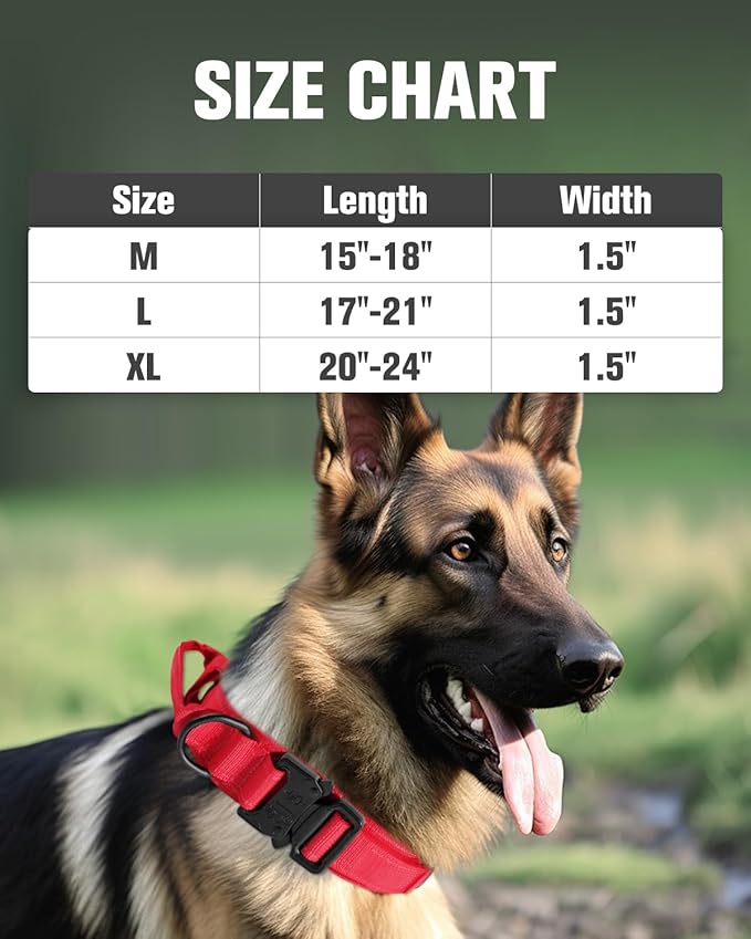 Joytale Tactical Dog Collar with Handle and Metal Buckle, Heavy Duty Padded Military Collar with 2 Patches for Training, Adjustable for Large Dogs, Red, L