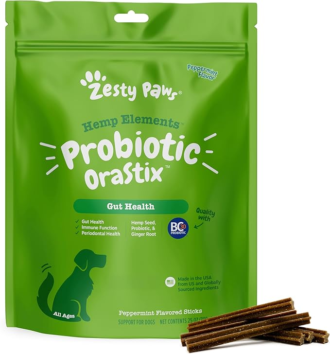 Zesty Paws OraStix for Dogs - Probiotic Sticks with Hemp Seed Curcumin Ginger Root Taurine - Supports Gut Function Flora Immune System Proprietary Healthy Teeth Gum Blend - 25oz
