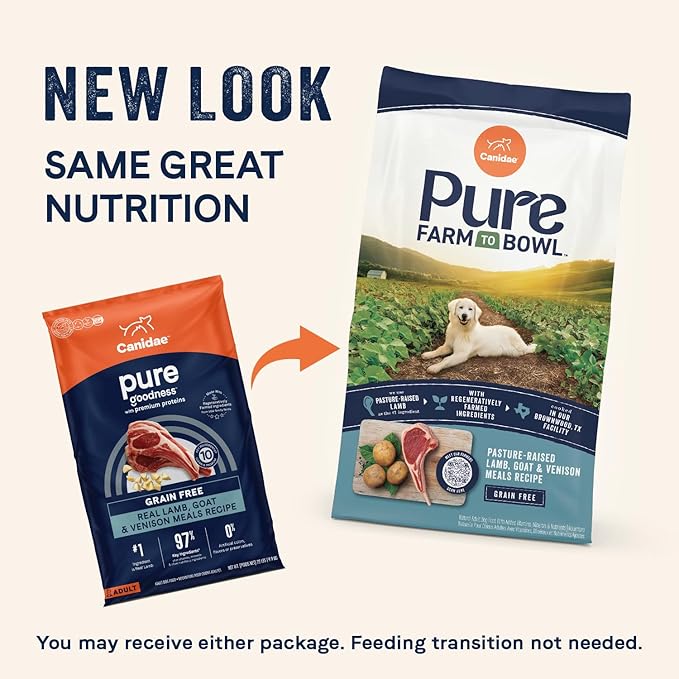 Canidae Pure Farm to Bowl Pasture-Raised Lamb with Goat & Venison Meals, Adult, Grain-Free Dry Dog Food, 22lb