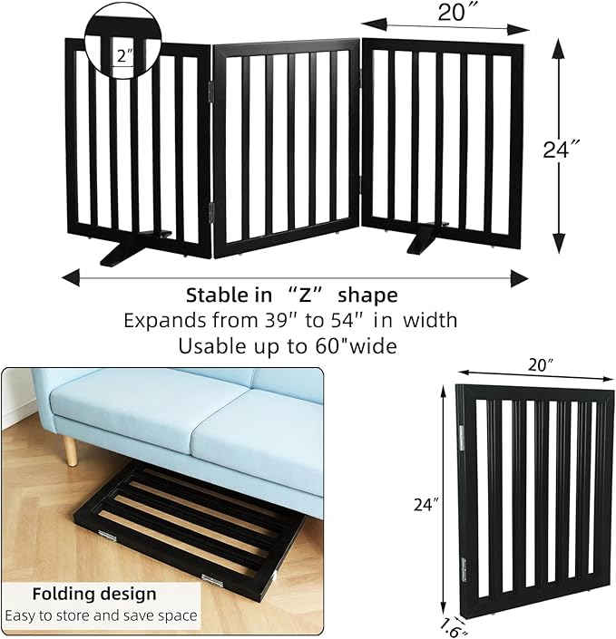 Dog Gate Indoor, Freestanding Dog Fence for The House, Doorways, Hallways,or Stairs,Pet Gate Foldable Wooden,Expandable 24" Height 3 Panels,Black