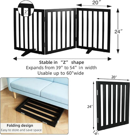 Dog Gate Indoor, Freestanding Dog Fence for The House, Doorways, Hallways,or Stairs,Pet Gate Foldable Wooden,Expandable 24" Height 3 Panels,Black
